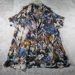 Antthony Blouse Womens Large Multicolor Tropical Cold Shoulder Button Up Shirt